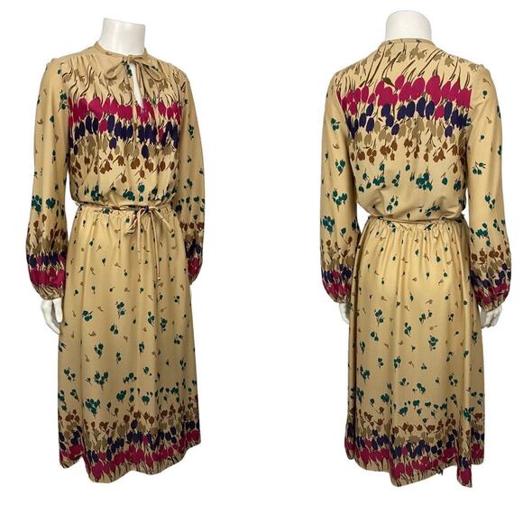 1970s Pop Art Floral Tulip Dress Keyhole tie Neckline / Women’s Small * - Picture 3 of 4